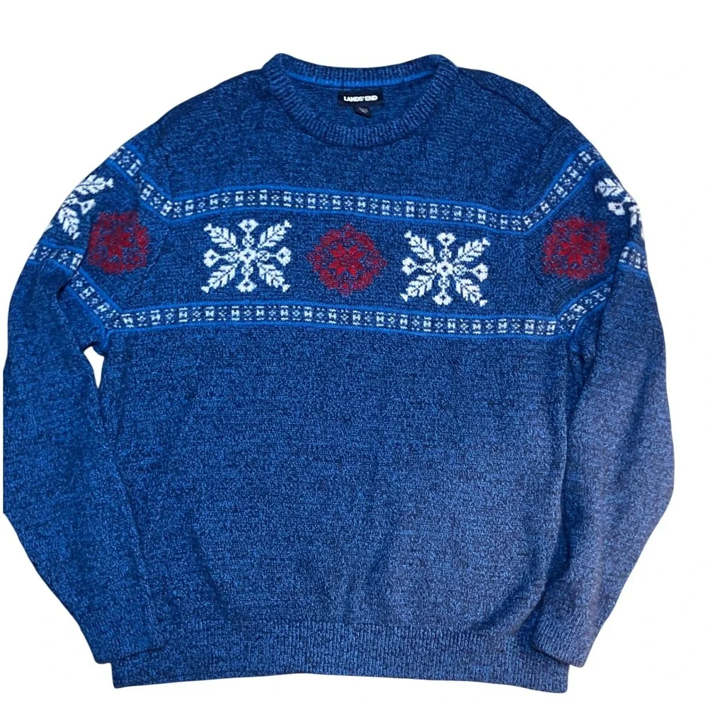 Lands End Blue Snowflake Fair‎ Isle Crew Neck Sweater XL Wool Blend Grandpa Ski